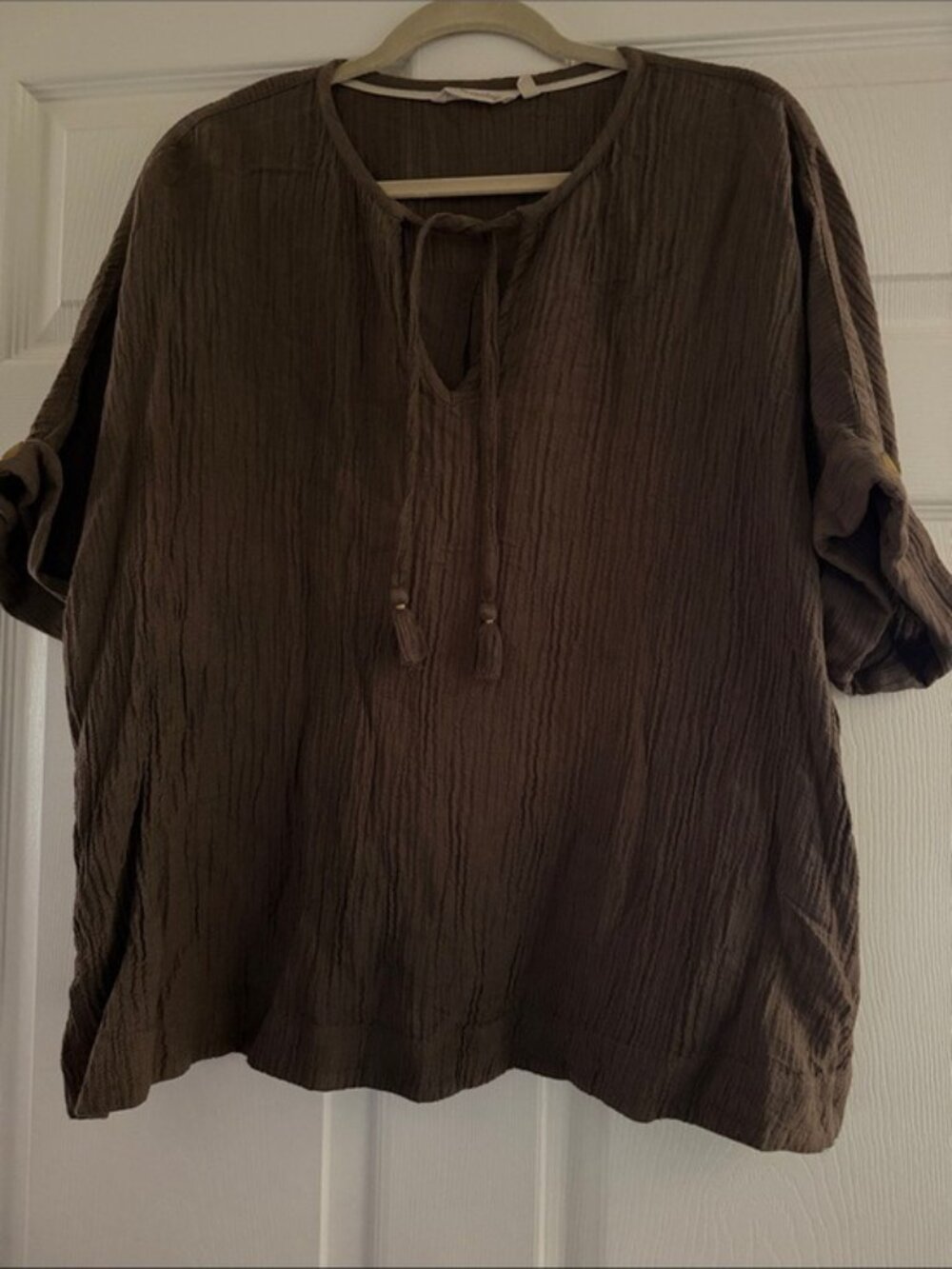 Soft Surroundings Womens 1X Brown Textured Tunic Top With Tie Front & 3/4 Sleeve